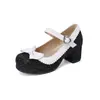 Novas Fivelas Moda Bico Quadrado Salto com Lantejoulas Hip-Hop Sapatos com Laço Médio Color-block Mary Janes Sapatos 2023 Femininos