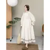 20206 Ropa de Primavera, Vestido Largo Bordado de Estilo Artístico con Mangas Largas, Cuello Peter Pan Cintura con Cordón Vestido Largo Adelgazante para Mujer
