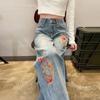 Calça Jeans Reta Estreita de Cor Clara Feminina 2024 Primavera e Outono Nova Cintura Alta Solta Estilo Chinês Estilo Nacional Bordado Calças de Perna Larga