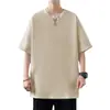 Camiseta de Manga Corta Pesada 220g Algodón Puro para Hombre Cuello Redondo Estilo Americano Holgada Verano Algodón Manga Media Color Sólido