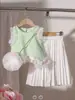 25 Verão Comércio Exterior INS Novo Conjunto para Meninas Cor Sólida Renda Colete Lateral com Calça Plissada Bolsa Pendurada Conjunto de Três Peças