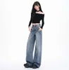 Transfronterizo Otoño 2026 [Pantalones Anchos Populares de Pedrería] Pantalones Anchos de Pedrería Azul Vintage con Brillo Fino Pantalones Largos Simples Versátiles