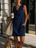 2026 Nuevo Vestido Corto de Mujer de Color Sólido, Caído, sin Mangas, Cuello Fruncido, Bolsillo, de Venta Caliente Transfronteriza Europea y Americana en Tiktok