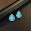 Pendientes de gota de agua ovalados de vidrio azul zircón con incrustaciones de cobre de alta calidad para mujer, moda retro, pequeños para el día a día, venta al por mayor