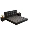 Cama de Cuero Acolchada Cuadrada Moderna, Piel de Vaca de Grano Superior Negra, Cama King de Lujo para Dormitorio Principal, Diseño Minimalista Moderno