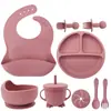 Conjunto de Louça de Silicone Infantil Transfronteiriço Babador Prato Tigela Colher Garfo Copo de Água Copo com Canudo Conjunto de 8 Peças