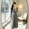 Vestido Tricô Gola Lapela Cinza Ano Feminino Outono Cintura Marcada Emagrecedor Saia Longa Bordado Preto Fábrica de Origem
