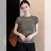 Patchwork verde, único e bonito, top de verão estiloso para mulheres, camiseta de tricô elegante e elegante de manga curta