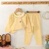Conjunto de Ropa para el Hogar de Algodón Puro Liso Sin Costuras con Lycra para Niños y Niñas, Ropa de Otoño para Bebés, Pantalones de Otoño, Conjunto de Pijama