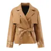 Jaqueta Curta de Couro PU Retro de Luxo Leve, Estilo Primavera e Outono, Cintura Marcada com Cinto, Corte Justo, Casaco Elegante