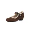 Sapatos de Salto Foscos para Mulheres no Outono e Inverno, Sapatos Mary Jane Versáteis com Bico Quadrado e Corte Baixo, Sapatos Peludos