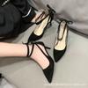 Tacones de Aguja con un Estilo Femenino, Atados Franceses Deseo Puro Negro Punta Fina Versátiles Cosplay Moda