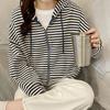 Estilo Europeu e Americano Foto Real Algodão Piquet Listrado Curto Tamanho Grande Moletom Cardigan Jaqueta Feminina Primavera & Outono Fino Solto Top