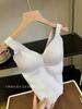 Chaleco de Punto de Lana con Cuello en V y Puntos Verticales para Mujer, Largo, Estilo Holgado, con Almohadilla en el Pecho, Copa Integrada, Tirante Ancho, Camiseta Base para Otoño e Invierno