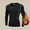 Conjunto térmico masculino quente, justo ao corpo, com forro de fleece, para outono e inverno, adequado para corrida ao ar livre, esportes e fitness, secagem rápida