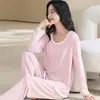 Pijama de Algodón para Mujer Estilo Nuevo 2026 Ropa de Casa con Sujetador Incorporado Manga Larga Pantalón Largo Cuello Redondo Pulóver Primavera y Otoño Color Sólido
