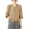 Moda Feminina Plus Size Gordo mm 2024 Primavera Novo Design Cordão Decote V Elegante Simples Camisa Manga Longa Top Roupas