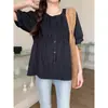 Camisa Feminina Plus Size Estilo Francês de Manga Curta com Mangas Bufantes para o Verão, Top Emagrecedor e que Esconde a Barriga para Mulheres Curvilíneas