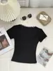 Camiseta de Verano de Encaje Puro Deseo Cuello Cuadrado Ajustada Manga Corta para Mujer Chica Caliente Adelgazante Corta Cropped Prenda Interior