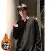 2026 Nueva Camiseta de Manga Larga con Rayas Retorcidas para Hombre, Cuello en V, Color Sólido, Sencilla, Holgada, Tallas Grandes, Camiseta Básica para Hombre