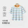 Camiseta de Verano Nueva de Algodón Puro con Rayas de Manga Corta para Niños, Top Holgado Transpirable para Niños, Versátil Casual para Exteriores, Manga Media