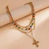 Collar de Perlas con Cruz Incrustada de Diamantes Transfronterizo Europeo y Americano, Estilo Retro, Cadena Elegante para Clavícula, Sensación de Lujo Ligero y Gama Alta, Collar para Mujer