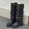 Botas de Moda Botas de Cavaleiro Botas Femininas Fivela de Cinto Novas Botas de Cano Alto Franzidas Outono e Inverno Solado Grosso À Prova de Vento Europeu e Americano Retrô