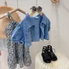 Ropa de Verano para Niñas Ancorelala Moda Top de Mezclilla Prendas de Abrigo Vestido de Tirantes Floral Conjunto de Dos Piezas