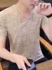 Camiseta Casual de Verano para Hombre, Cuello en V, Seda Helada, Manga Corta, Corte Ajustado, Secado Rápido, Delgada, Moderna, Elegante