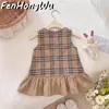 ¡Serie Marrón Old Money para Niños de FHW! Vestido Clásico de Cuadros para Niña Pequeña con Lazo Estilo Academia de Niña Princesa