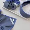 Diadema de cola de caballo con banda para el cabello grande, estilo retro azul a cuadros grises, con encaje cuadrado y bufanda, para niña dulce