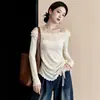 Blusa de manga larga con hombros descubiertos y ribete de encaje, estilo puro deseo, talla grande para mujer, otoño, plisada, adelgazante, con hombros descubiertos