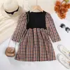 Vestido para meninas, roupas infantis de comércio exterior, novo modelo de primavera e outono, estilo universitário, vestido princesa xadrez estilo britânico para crianças, transfronteiriço