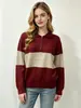 Atacado transfronteiriço direto da fábrica: Suéter feminino de outono e inverno com gola polo e zíper parcial, listras largas contrastantes, top de malha