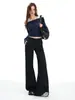 Pantalones de Traje Elásticos Negros para Mujer, Novedad Otoño Cintura Baja Simples Elegantes Casuales Con Caída Ajustados Versátiles Ligeramente Acampanados