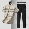 Conjunto de Camisetas Polo Listradas Finas de Alta Qualidade para o Verão, com Gola Reversível, Manga Curta, Tendência Jovem, Listradas Casuais, Atacado
