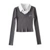 Novo Top Slim de Gola Polo para Faculdade Primavera 2022 Sexy Slim-fit Ombligo Manga Longa Camiseta Falsa de Duas Peças para Mulheres