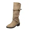 Versión de piel de oveja~7 cm de altura-aumentadoras botas altas de ante para piernas largas, punta redonda puntiaguda, correas cruzadas, tacón grueso, botas de montar a media pantorrilla