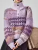 Chaqueta suéter de cuello alto a rayas de colores transfronteriza europea y americana para mujer, nuevo suéter de punto brillante estilo coreano para otoño e invierno
