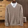 Suéter de Punto de Cachemira Casual Cálido de Otoño e Invierno para Hombre de Lana Pura, Cuello en V, Holgado, Grueso, Trenzado, Pulóver