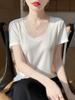 Camiseta de lã simples primavera e verão, emagrecimento, gola grande, ombro básico, manga curta, blusa de malha, decote em U, para todos os estilos