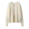 Nuevo Estilo Otoño/Invierno 2026 Suéter de Punto 100% Cachemir Puro para Mujer, Corte Holgado, Adelgazante, Suéter Grueso de Manga Larga con Cuello en V y Acabado Cepillado