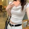 Moda de Estilo Coreano Cuello Oscilante Camiseta de Manga Corta para Mujer 2025 Nuevo Top de Un Hombro con Aspecto Adelgazante de Cintura