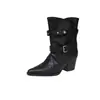 Botas Vaqueras de Cuero con Hebilla de Remache Estilo Europeo 2026 Otoño/Invierno Punta Cuadrada Pequeña Tacón Alto Grueso Cuero Genuino Botines de Tobillo sin Cierre para Mujer