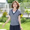 Conjunto de Camisetas Listradas Casuais de Verão para Mães Jovens Novo Estilo 2026 Blusa de Manga Curta de Verão Feminina para Meia-Idade e Idosos