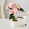 Planta en Maceta de Flores Artificiales con Tres Cabezas de Lirios, Flores Falsas Elegantes y Creativas para Decoración de Interiores de Sala de Estar, Vegetación Artificial
