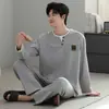 Pijama Masculino de Algodão Puro para Outono e Inverno Manga Longa Calça Longa Macio Respirável Pijama Simples Casual Masculino Conjunto de Duas Peças