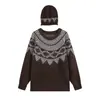 Suéter Fair Isle transfronterizo con gorro a juego, jacquard vintage de cuello redondo, suéter casual suelto versátil para mujer de otoño e invierno