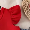 Conjunto de Dos Piezas para Niña de Verano Estilo Europeo, Americano y Coreano Transfronterizo Top Rojo + Pantalones de Pierna Ancha de Mezclilla Lavada