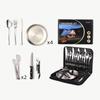 Talheres de Aço Inoxidável para Viagem ao Ar Livre Estilo Camping Prato para Piquenique e Churrasco Clipe para Prato Faca de Bife, Garfo e Colher Conjunto Bolsa Portátil para Cosméticos